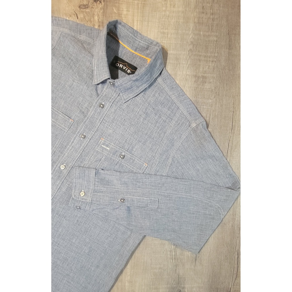 Orvis Trout Bum Mens Medium Button Down Shirt Blue Heathered Outdoor Hiking EUC